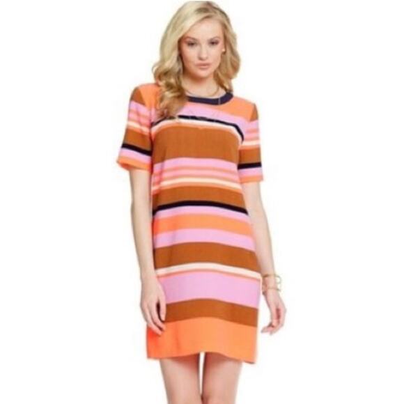 GIBSON LATIMER Stripe Dress Neutral & Neon & Navy Short Sleeve Mini Size Small - Picture 1 of 15